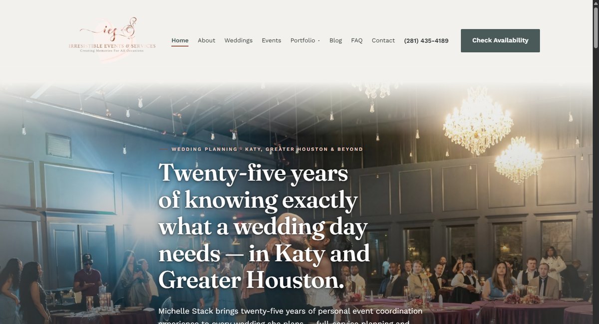 Desktop screenshot of the Irresistible Events & Services homepage, showing its header, hero photograph and navigation