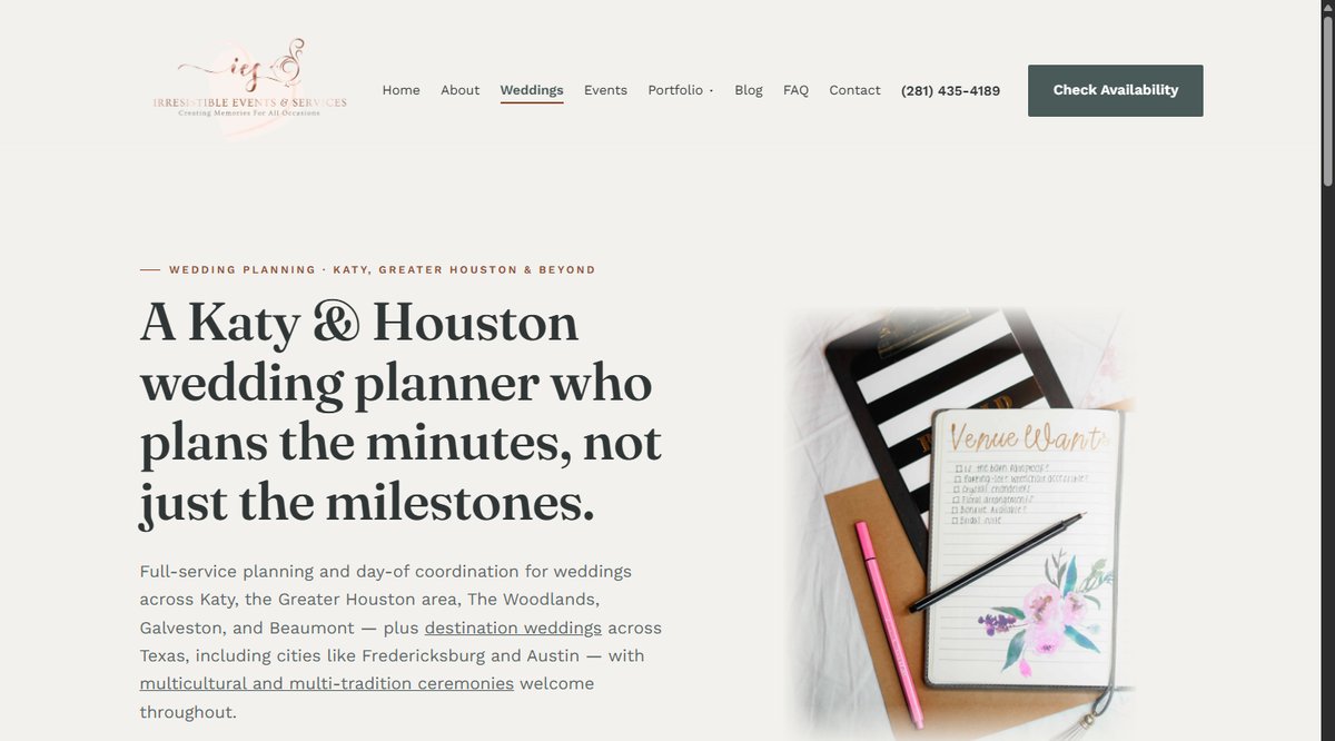 Screenshot of the Weddings page on the Irresistible Events & Services website, showing the page heading over a real event photograph